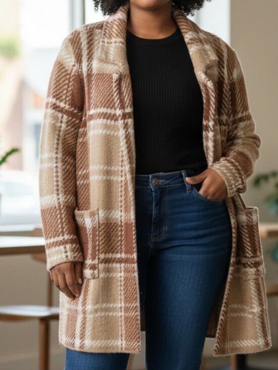 Cato Sweaters - Cato Cozy Plaid Open Longline Cardigan - Camel & Cream